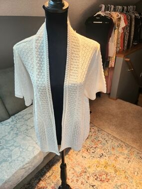 Perceptions White Open-Stitch Pontelle Short Sleeve Cardigan XL New!